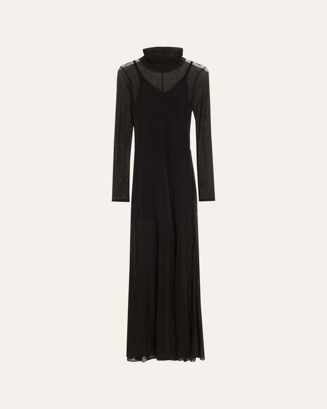 Turtleneck Sheer Knit Long-Sleeve Maxi Dress